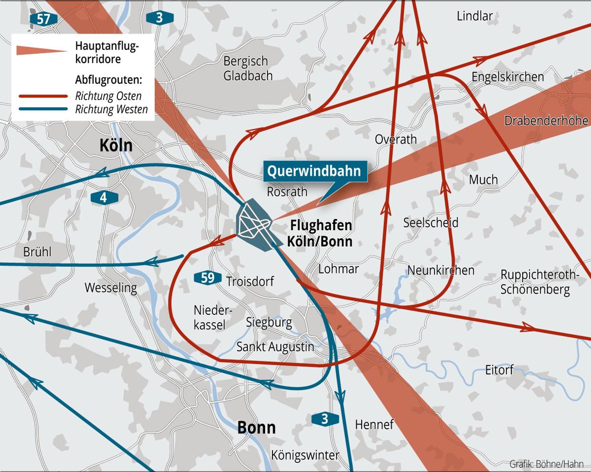 Die Anflug- und Abflugrouten am Flughafen Köln/Bonn bilden dicht beflogene Korridore.