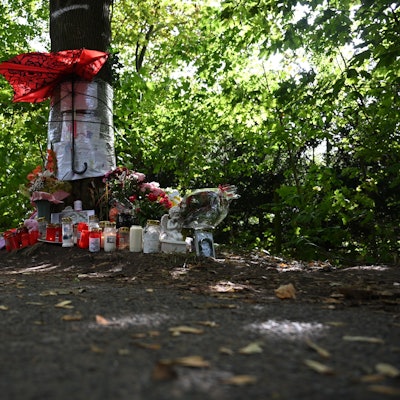Das Bild zeigt einen Baum, vor dem Blumen, Kerzen und Bilder niedergelegt wurden.