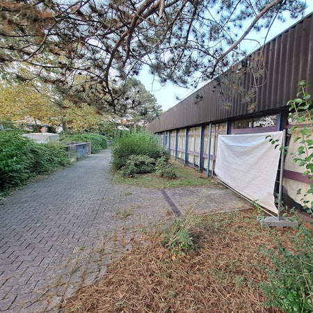 Weil dort Geflüchtete untergebracht sind, sind die Fenster der Dreifachsporthalle in Mondorf mit Vorhängen verhüllt. Die Stadt will die in die Jahre gekommene Halle energetisch sanieren.