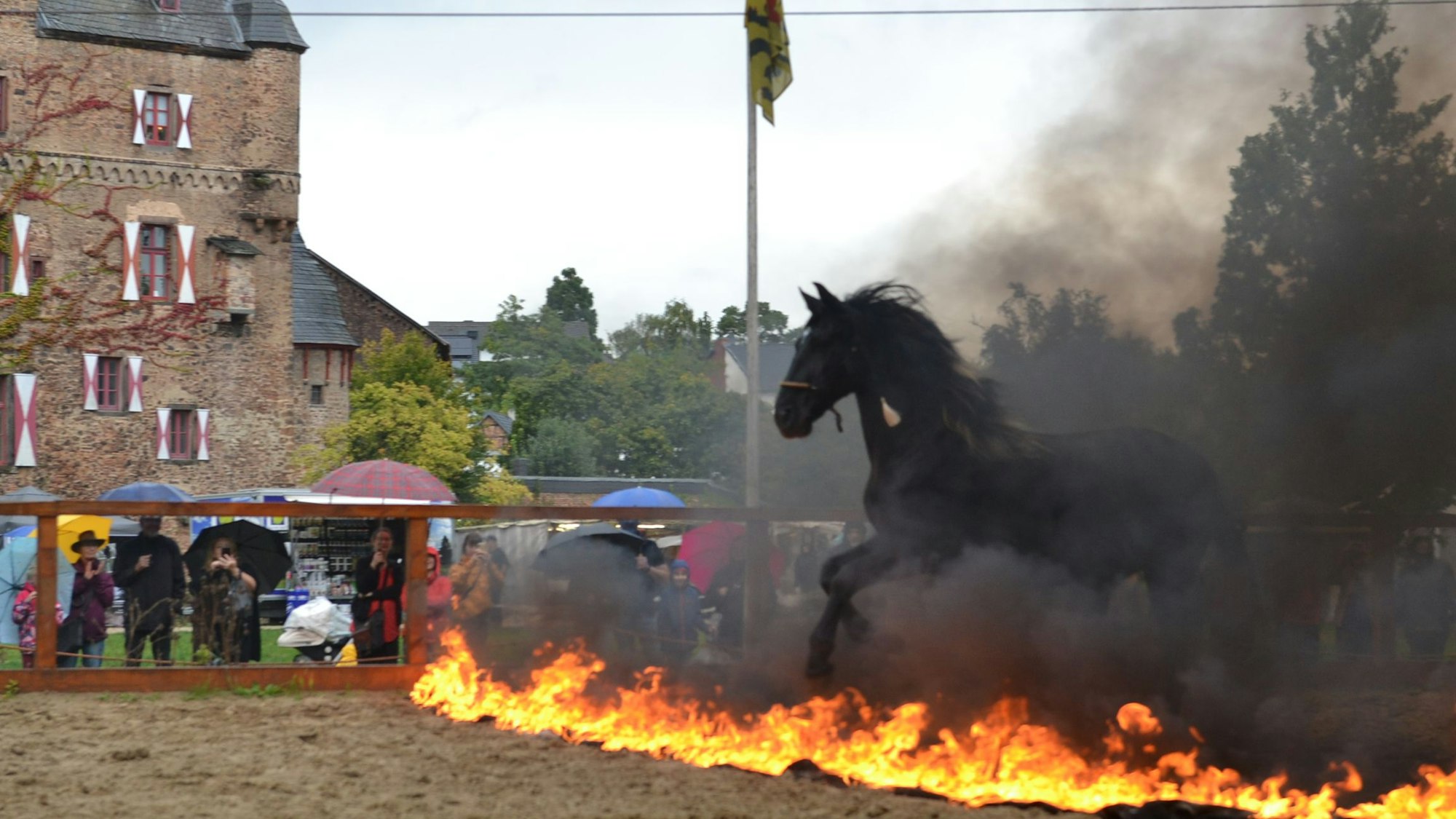Ein schwarzes Pferd springt auf einem Sandplatz über einen Feuerstreifen. Im Hintergrund ist die Burg Satzvey zu sehen.