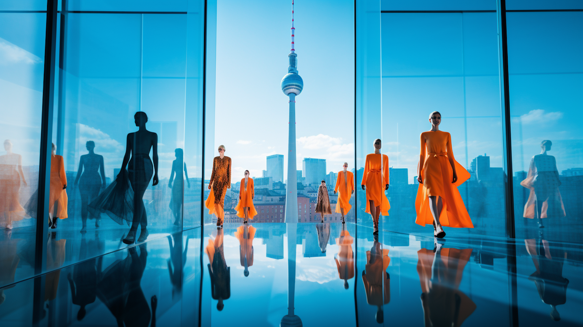 Illustration: Models vor Berliner Skyline auf einem Laufsteg