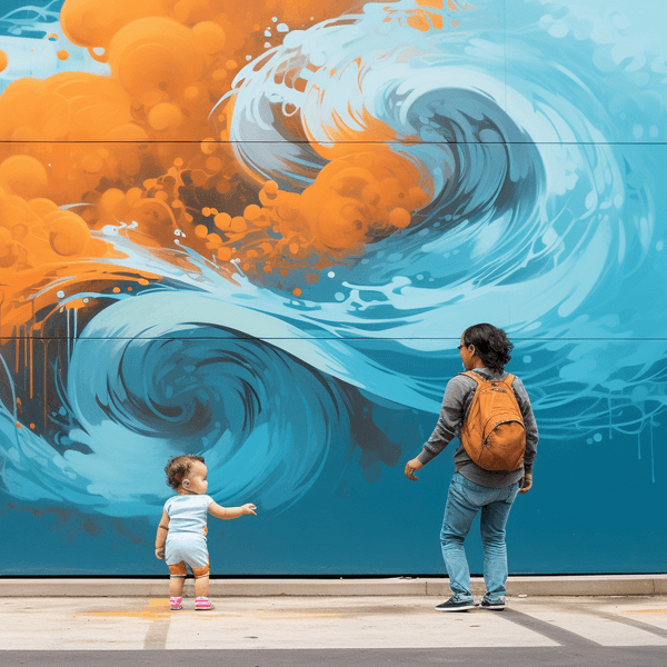 Illustration: Frau und Kind vor abstraktem Hintergrund