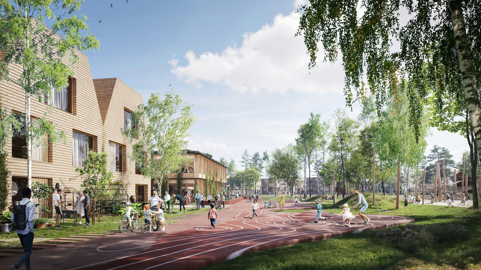 Eine Siedlung mit viel Raum für Fußgänger.