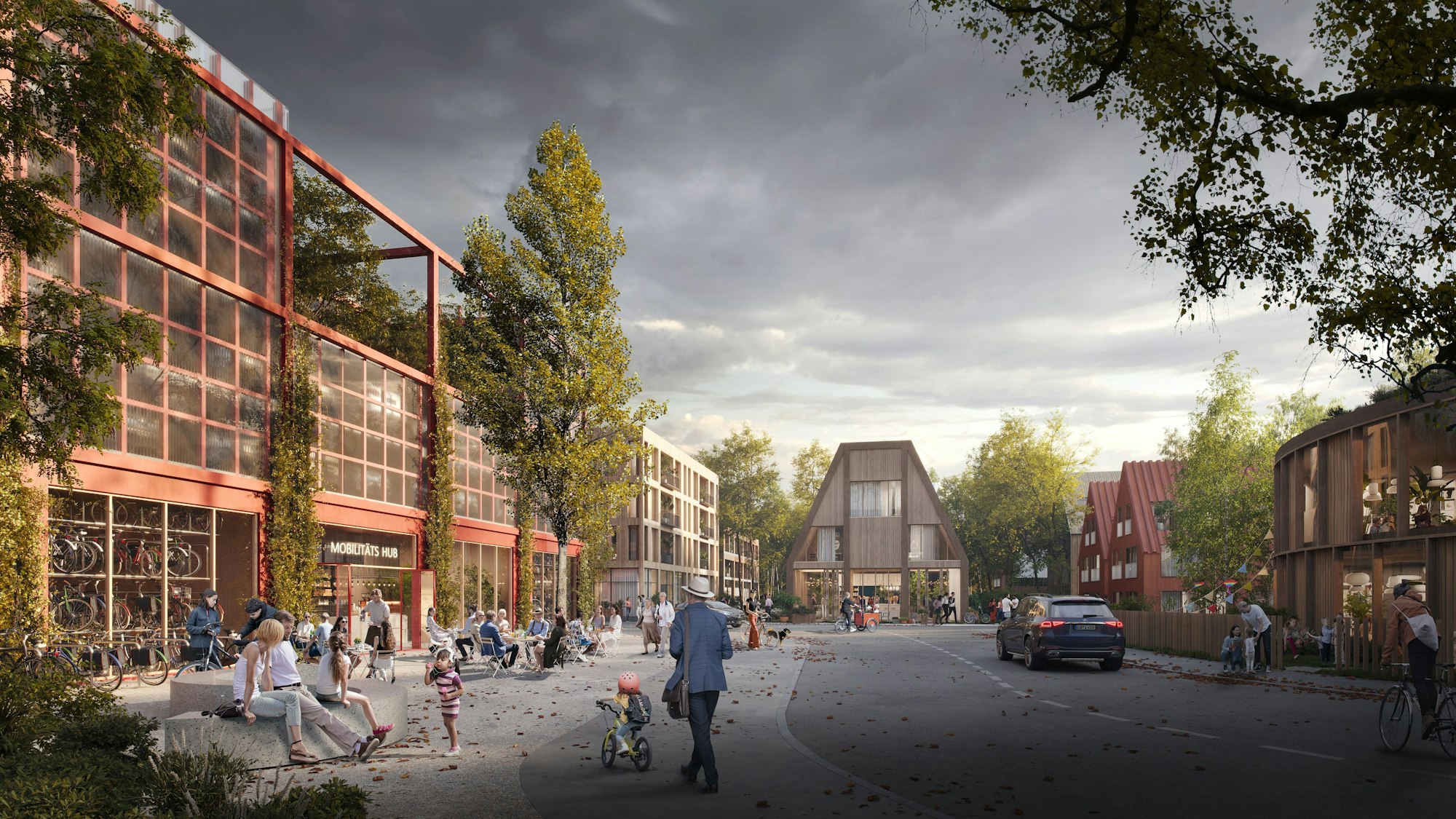 Die Visualisierung zeigt eine Straße, Häuser und Menschen.