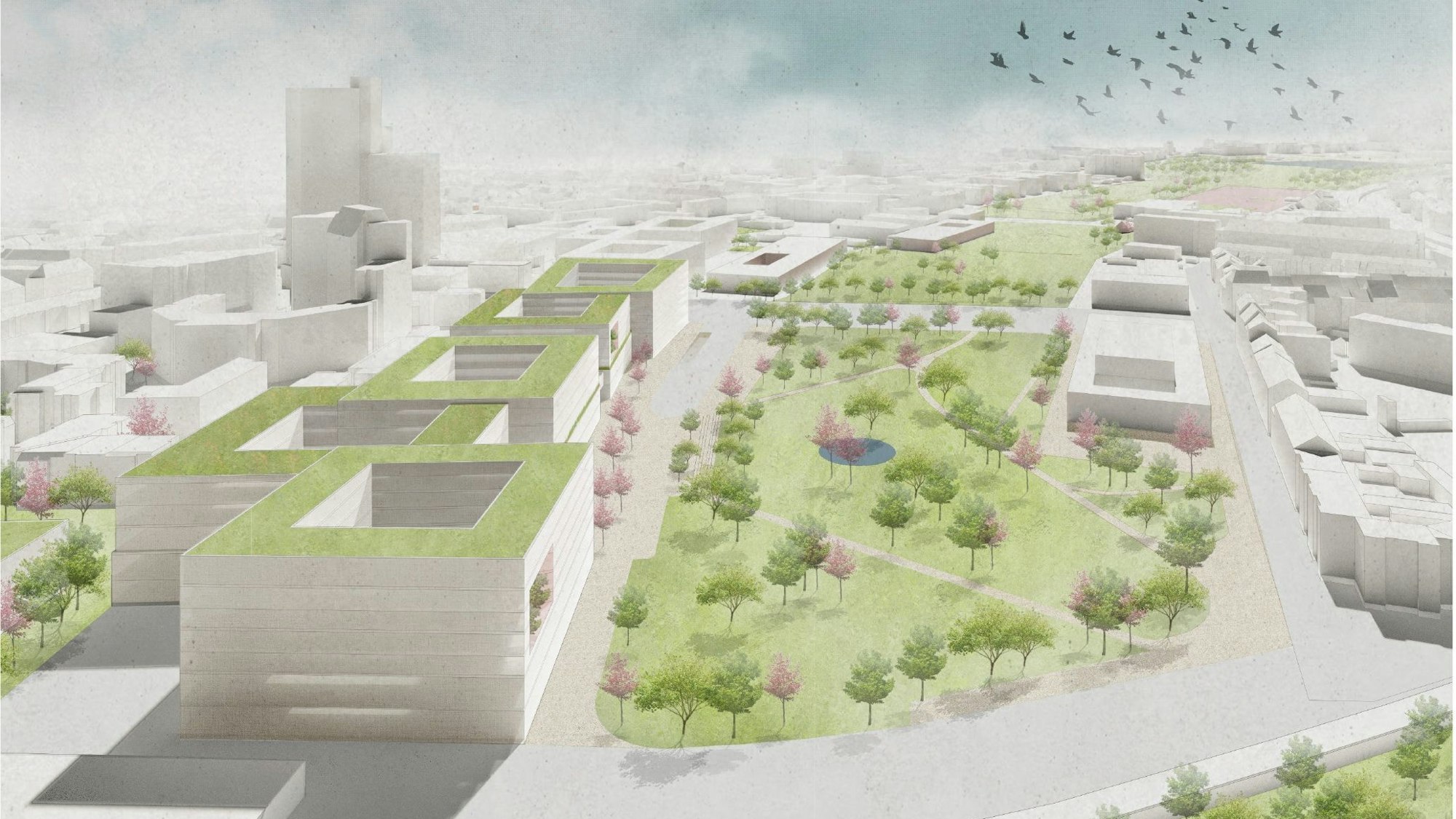 Links die fünf Gebäude des neuen Justizzentrums mit Zugang zum Inneren Grüngürtel, der von der Luxemburger Straße getrennt wird.