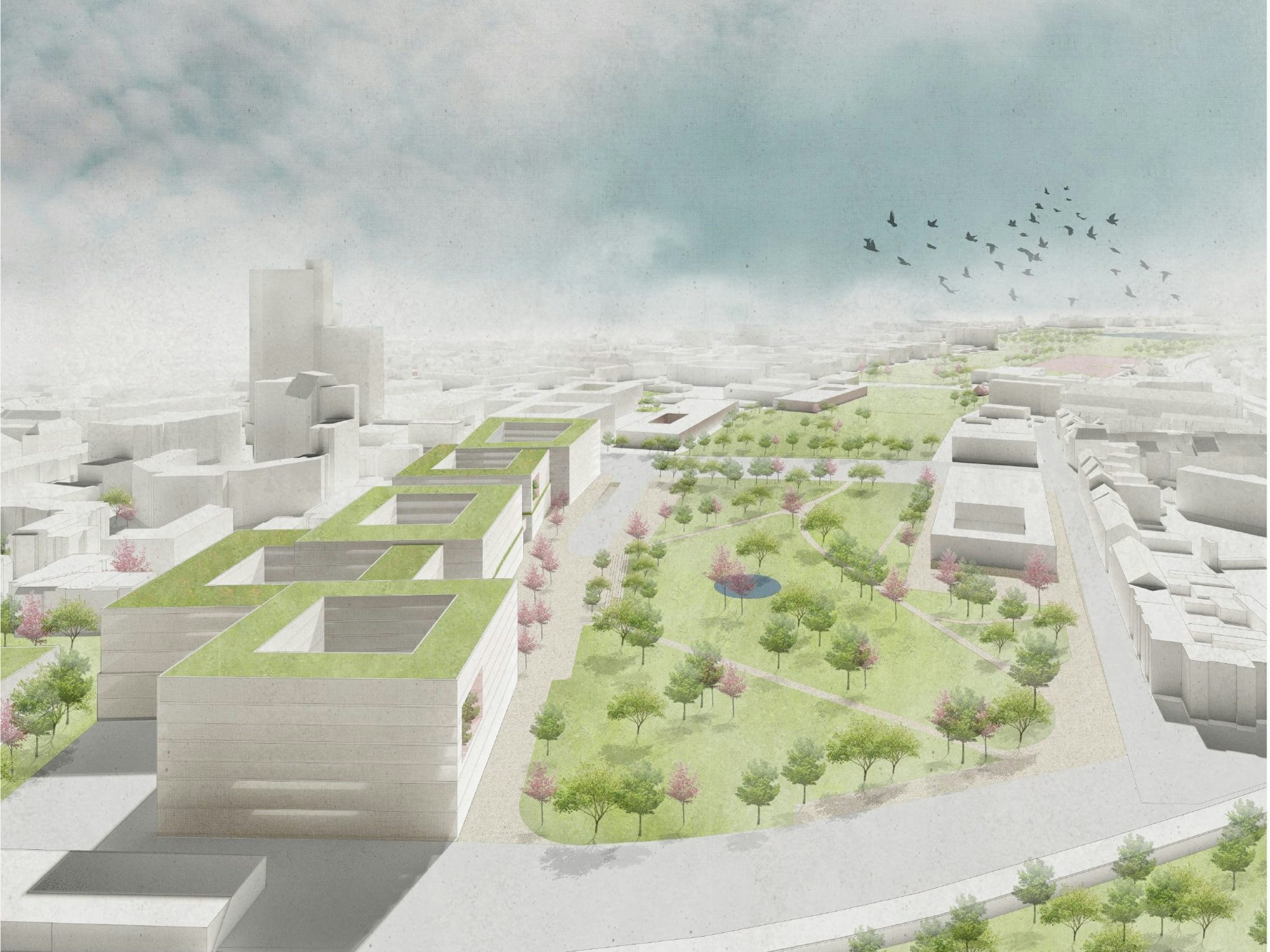 Visualisierung des Neubaus für das Justizzentrum mit einem Riegel aus fünf Gebäuden
