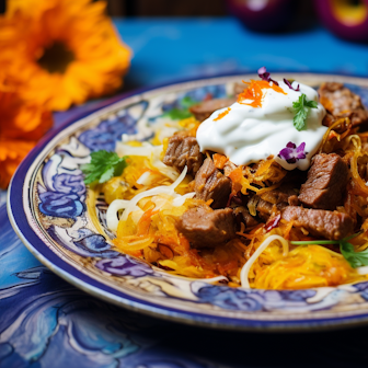 Illustration Szegediner Gulasch: Gulasch, Sauerkraut und Sauerrahm auf einem Teller