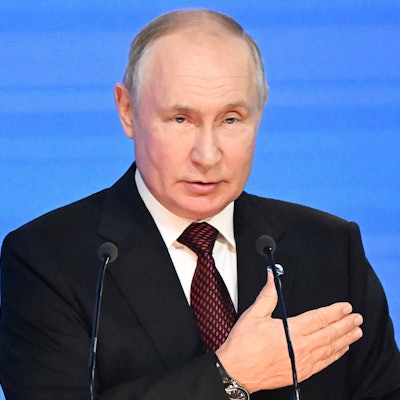 Russian President Vladimir Putin gestures while addressing the annual meeting of the Valdai Discussion Club in the Black Sea resort of Sochi, Russia, Thursday, Oct. 5, 2023. (Sergei Guneyev, Sputnik, Kremlin Pool Photo via AP)