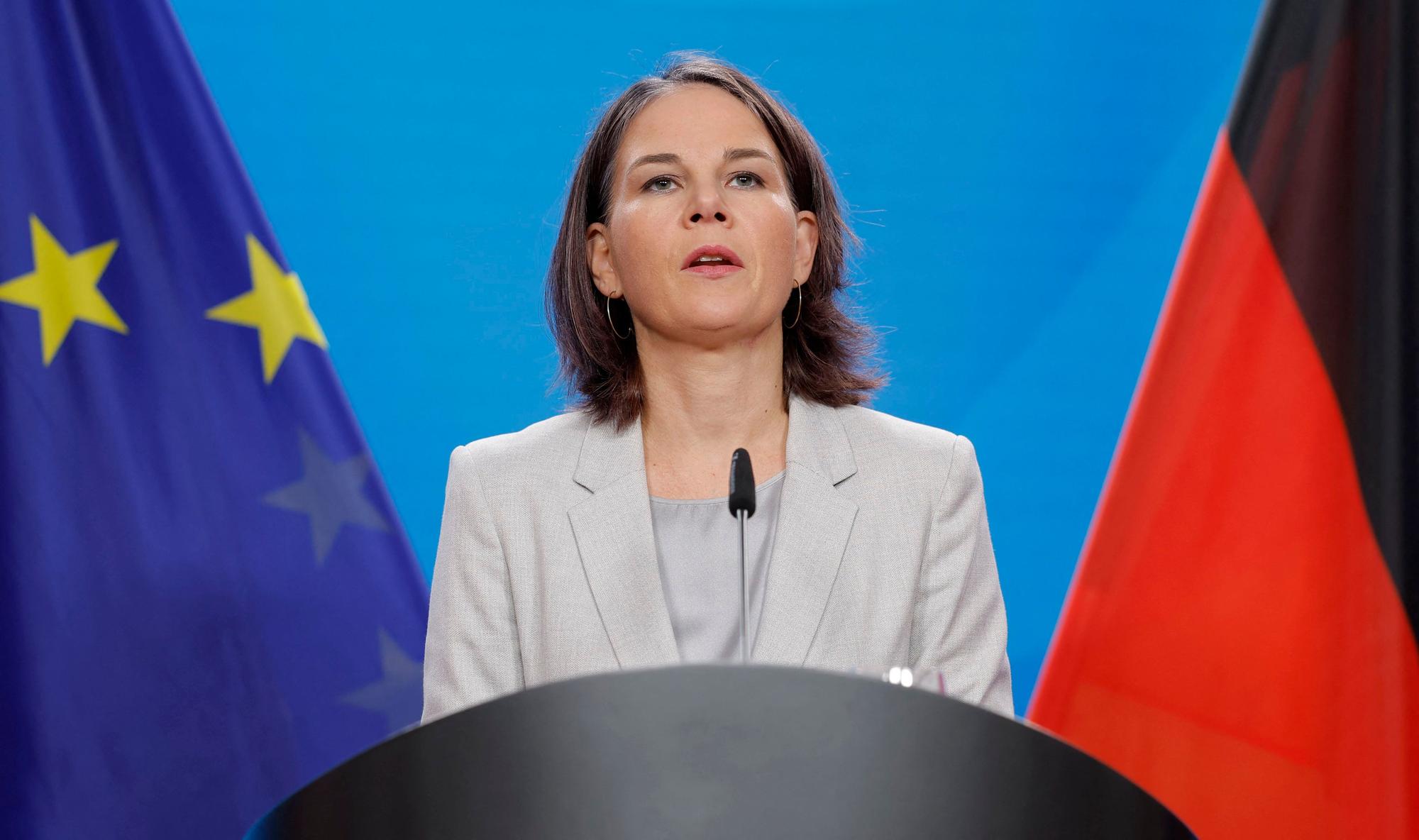 German Foreign Minister Annalena Baerbock gives a statement reacting to the situation in Israel on October 7, 2023 at the Foreign Ministry in Berlin. Germany "firmly condemns the terrorist attacks from Gaza against Israel", Foreign Minister Annalena Baerbock said after a barrage of rockets was fired at Israel from the Palestinian enclave. (Photo by Odd ANDERSEN / AFP)