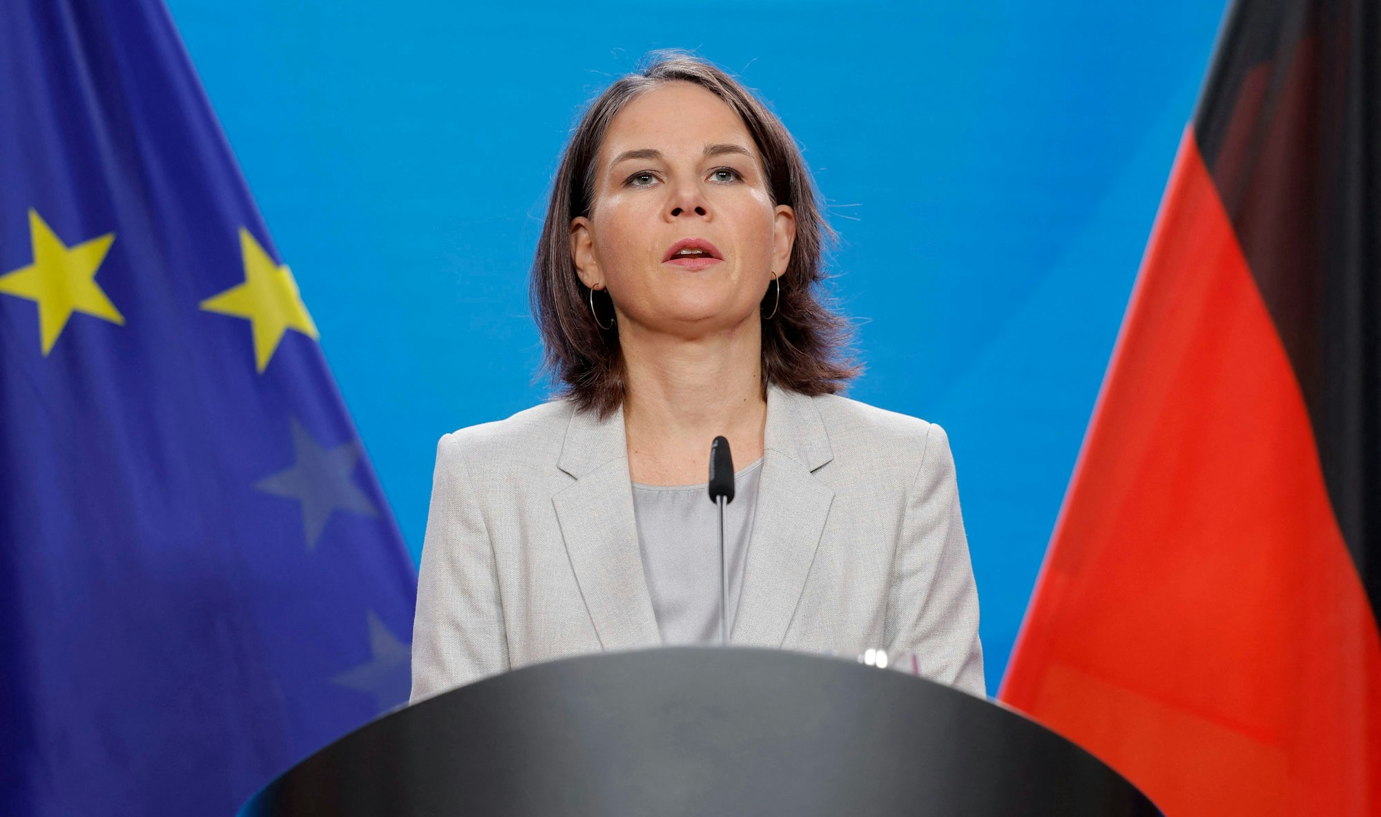 German Foreign Minister Annalena Baerbock gives a statement reacting to the situation in Israel on October 7, 2023 at the Foreign Ministry in Berlin. Germany "firmly condemns the terrorist attacks from Gaza against Israel", Foreign Minister Annalena Baerbock said after a barrage of rockets was fired at Israel from the Palestinian enclave. (Photo by Odd ANDERSEN / AFP)