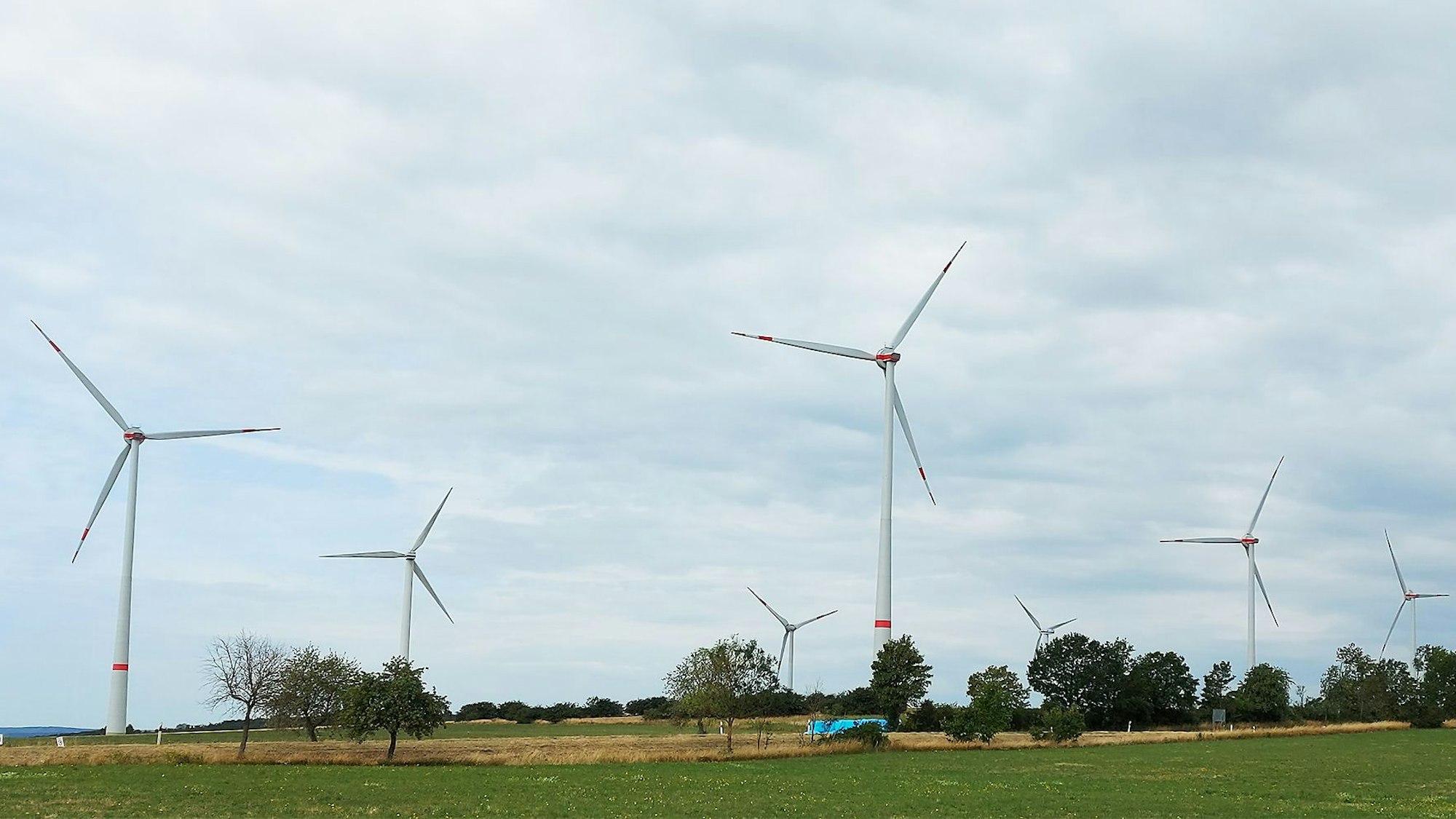 In einem Windpark in der Eifel sind sieben Windkraftanlagen zu sehen.