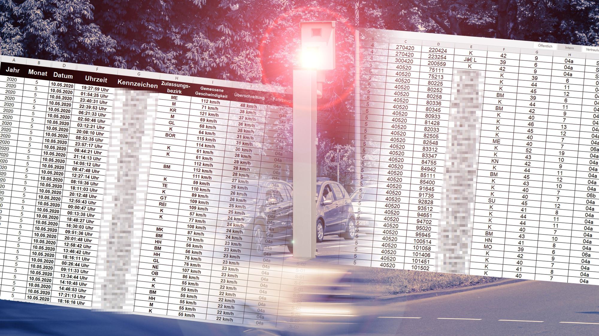 Illustration zu einem Datenleck der Stadt Köln, bei dem vollständige KFZ-Kennzeichen von Temposündern veröffentlicht wurden.