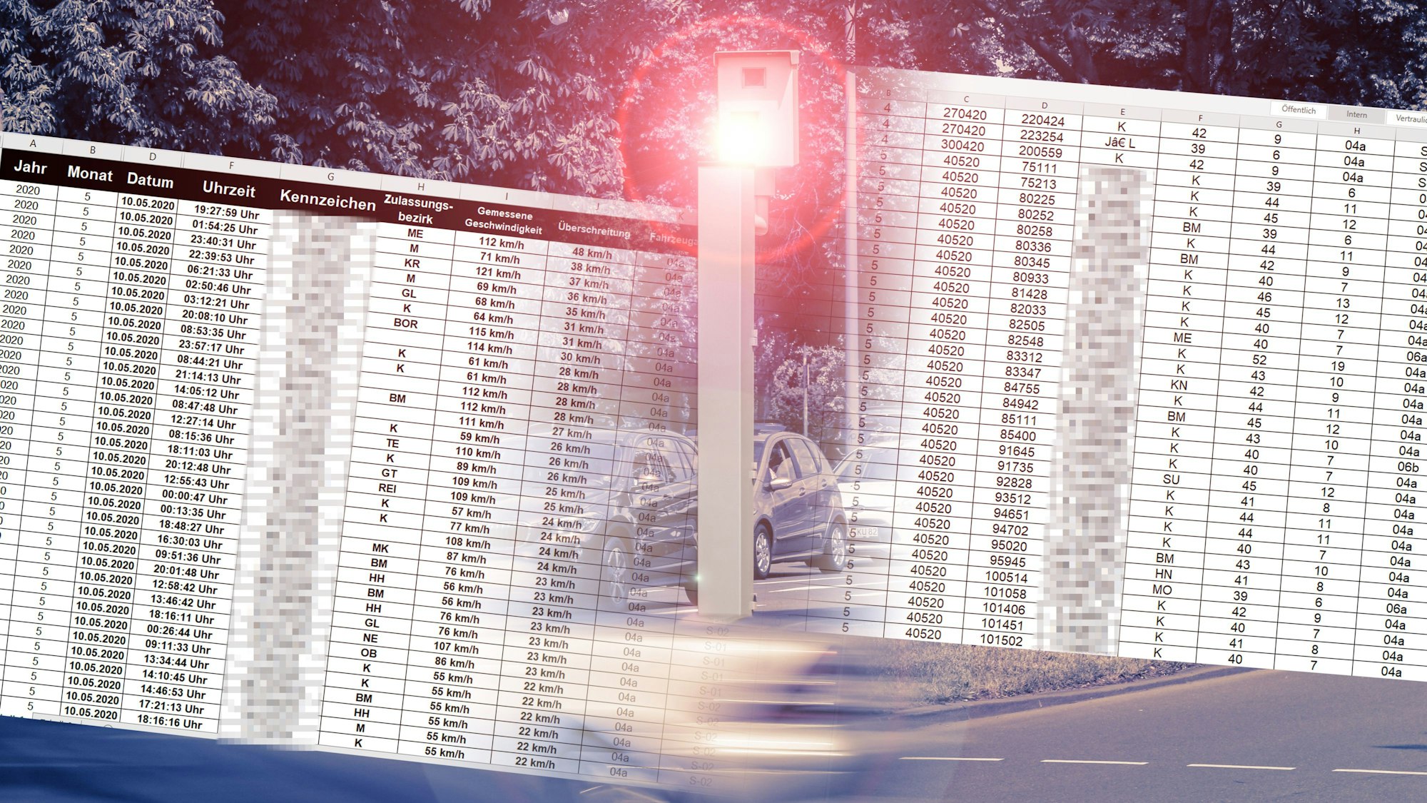 Illustration zu einem Datenleck der Stadt Köln, bei dem vollständige KFZ-Kennzeichen von Temposündern veröffentlicht wurden.