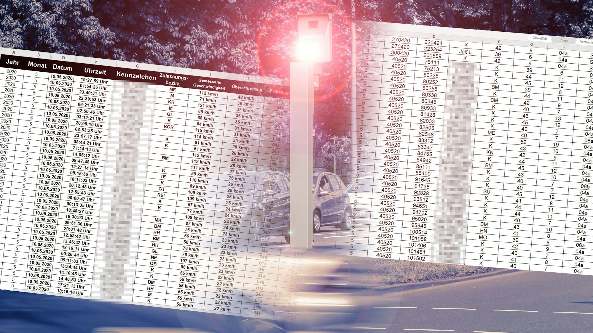 Illustration zu einem Datenleck der Stadt Köln, bei dem vollständige KFZ-Kennzeichen von Temposündern veröffentlicht wurden.