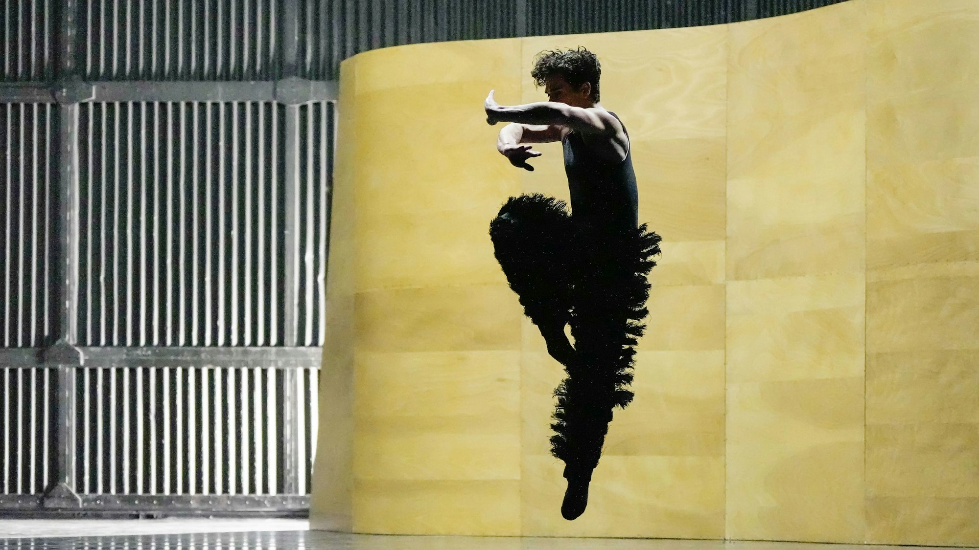 Ein Tänzer ist im Sprung, die Arme vor sich gekreuzt, ein Knie hoch erhoben. Er trägt schwarze Kleidung und hat schwarze Federn an der Hose.