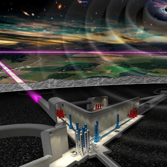 Die Modellzeichnung des geplanten Einstein-Teleskops zeigt, dass die Spitzen des dreieckigen Observatoriums durch Detektorarme von je zehn Kilometern Länge verbunden sind.