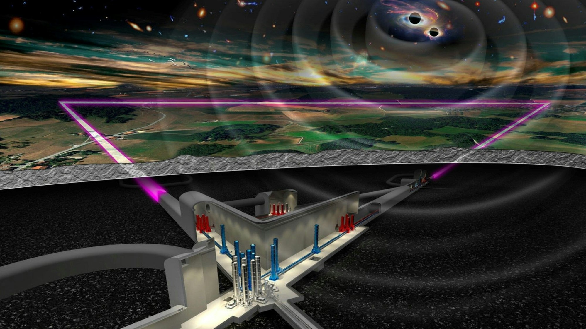 Die Modellzeichnung des geplanten Einstein-Teleskops zeigt, dass die Spitzen des dreieckigen Observatoriums durch Detektorarme von je zehn Kilometern Länge verbunden sind.