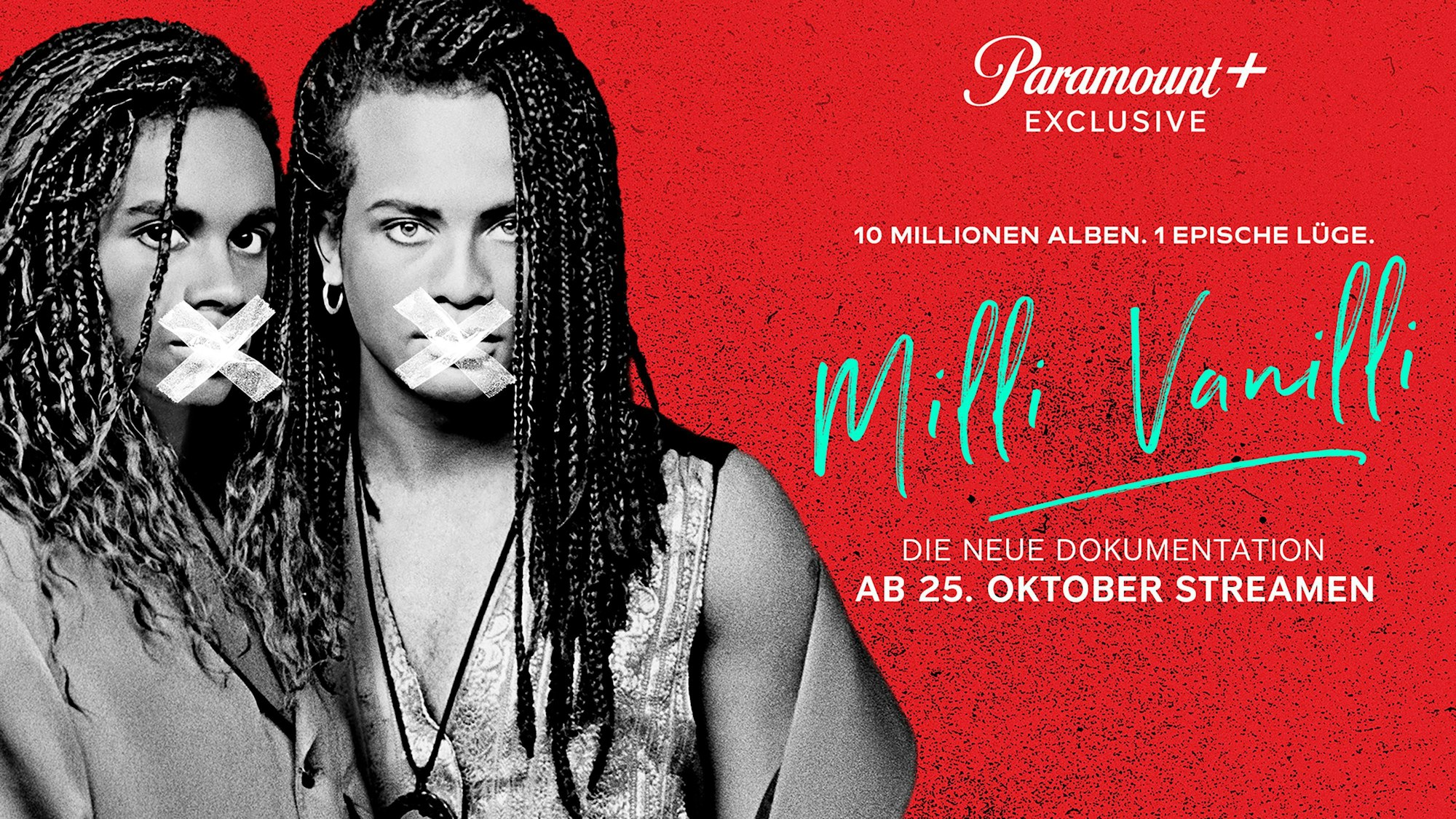 Ein Plakat kündigt den Dokumentarfilm „Milli Vanilli“ an, der ab 25. Oktober 2023 auf dem Portal des Streamingdienstes Paramount+ verfügbar sein soll.