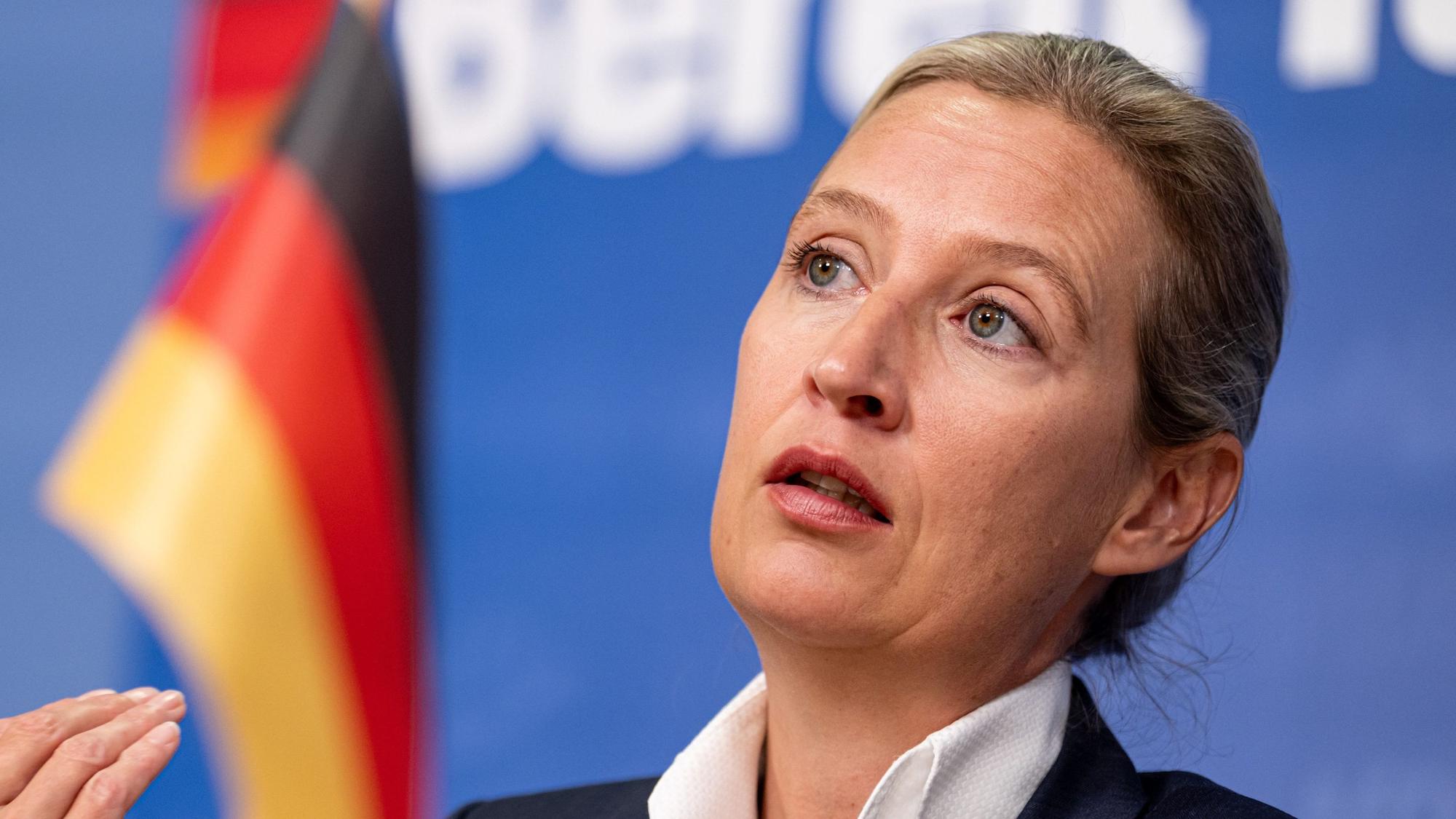 Die AfD-Vorsitzende Alice Weidel bei einer Pressekonferenz in Berlin. Im Hintergrund ist eine Deutschland-Flagge zu sehen.