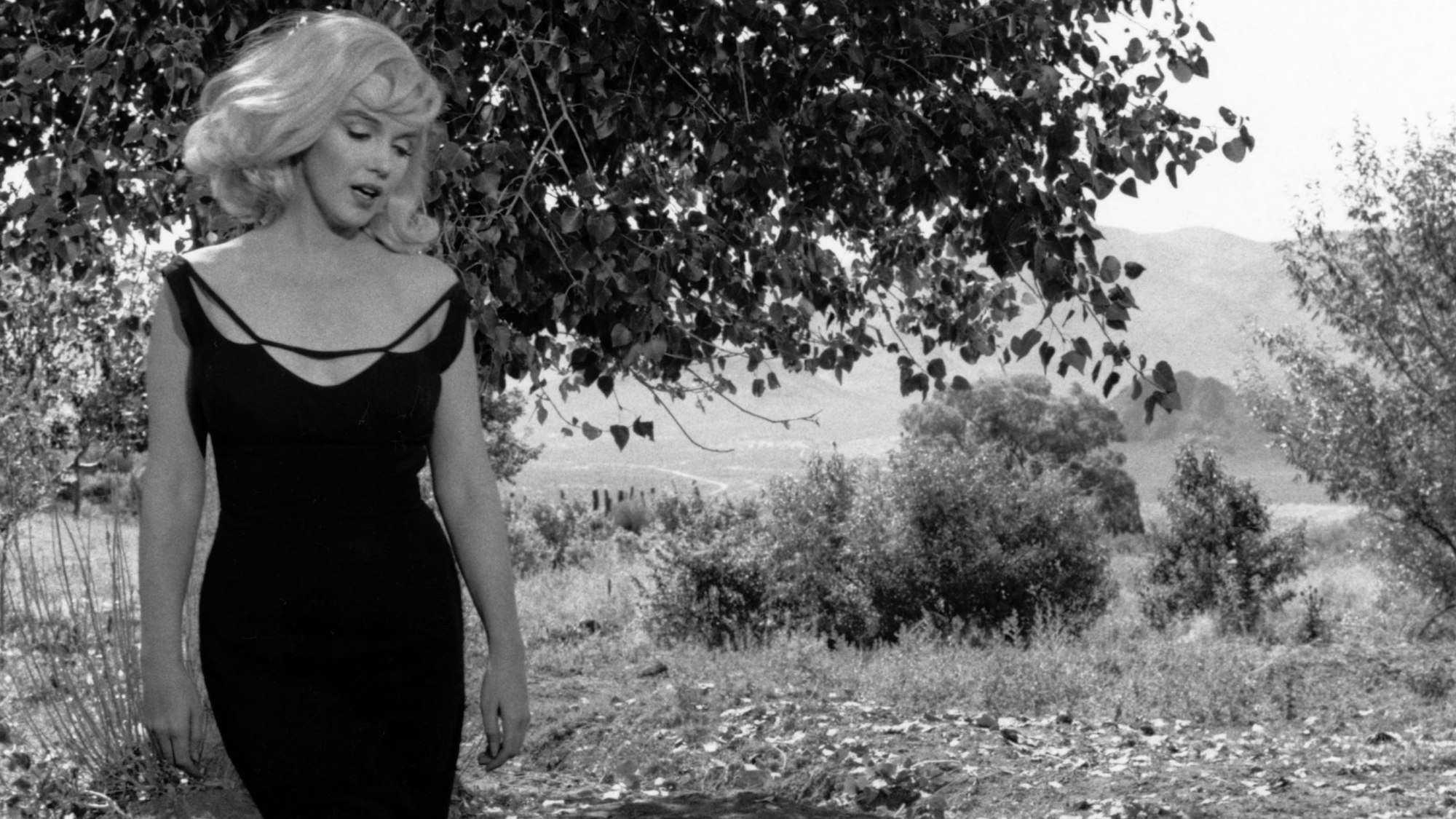 Foto der Schauspielerin Marilyn Monroe, 1960 am Set von „Misfits“. Sie trägt ein enges, schwarzes Kleid.