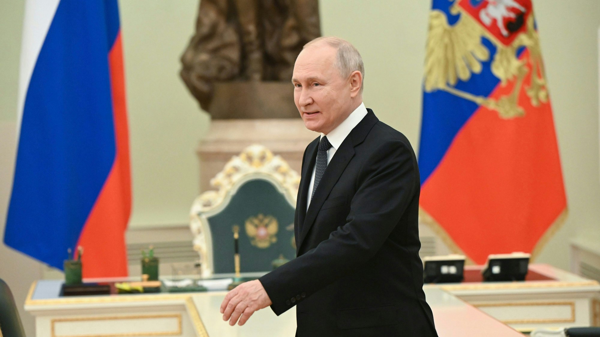 Russian President Vladimir Putin arrives to meet Iraq's Prime Minister Mohammed Shia' Al Sudani at the Kremlin in Moscow, Russia, Tuesday, Oct. 10, 2023. (Sergei Guneyev, Sputnik, Kremlin Pool Photo via AP)