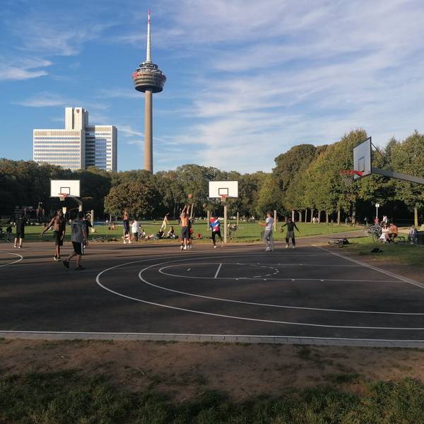 Blick auf einen Basketballlplatz im Grüngürtel. Im Hintergrund ist der Colonius zu sehen.