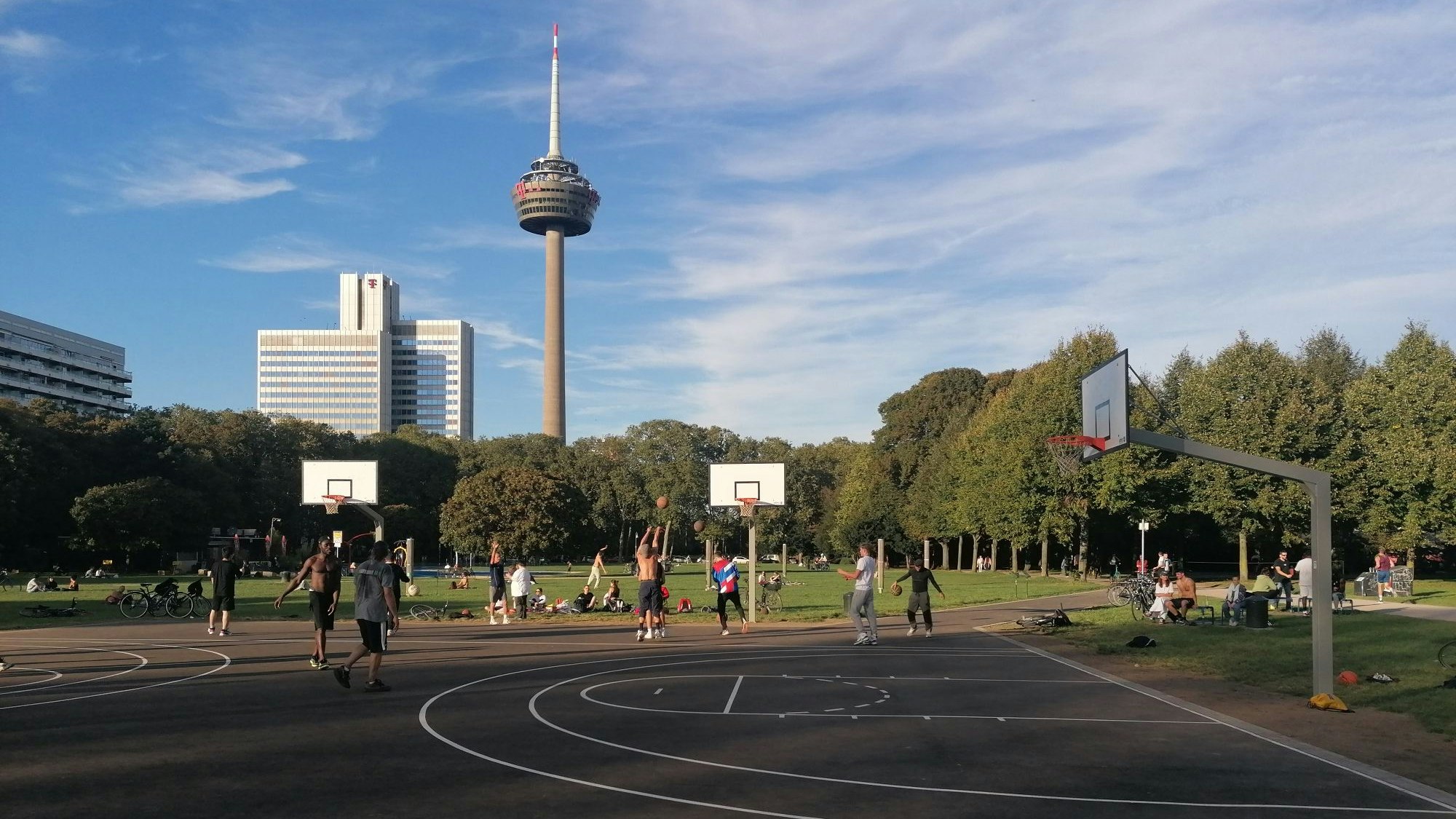 Blick auf einen Basketballlplatz im Grüngürtel. Im Hintergrund ist der Colonius zu sehen.