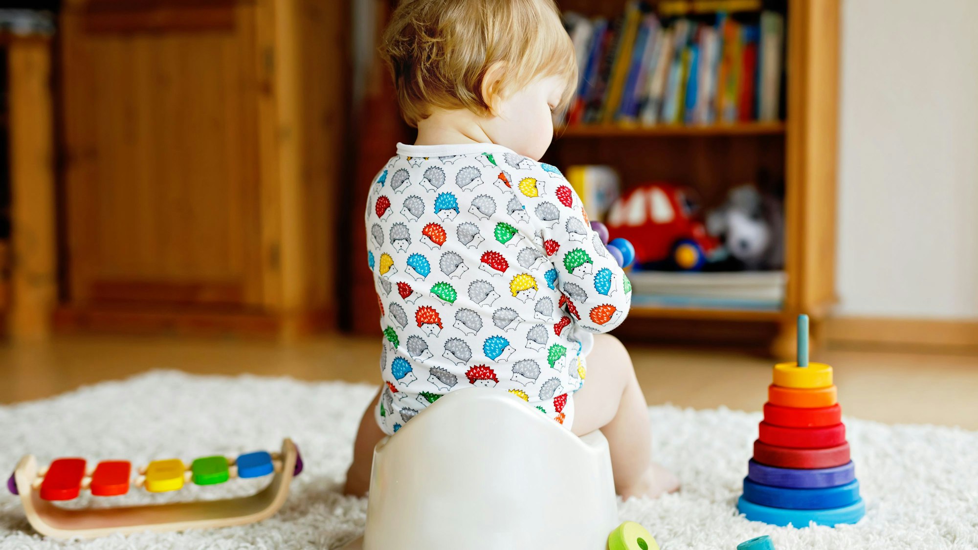Kleinkind sitzt auf Töpfchen umringt von Spielzeug. Symbolbild.