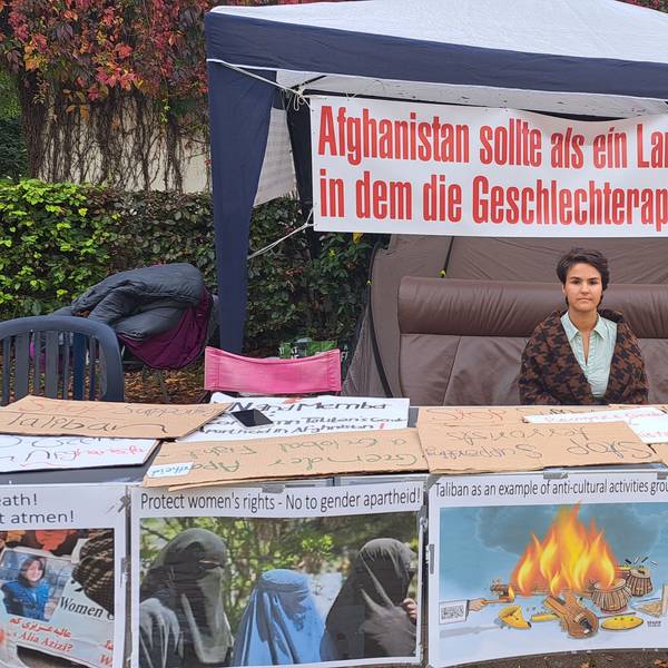 Das Foto zeigt die Frauenrechtlerin Tamana Paryani und Fotos aus Afghanistan