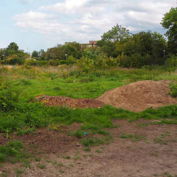 Man sieht eine noch unbebaute Wiese mit einigen Erdhügeln.