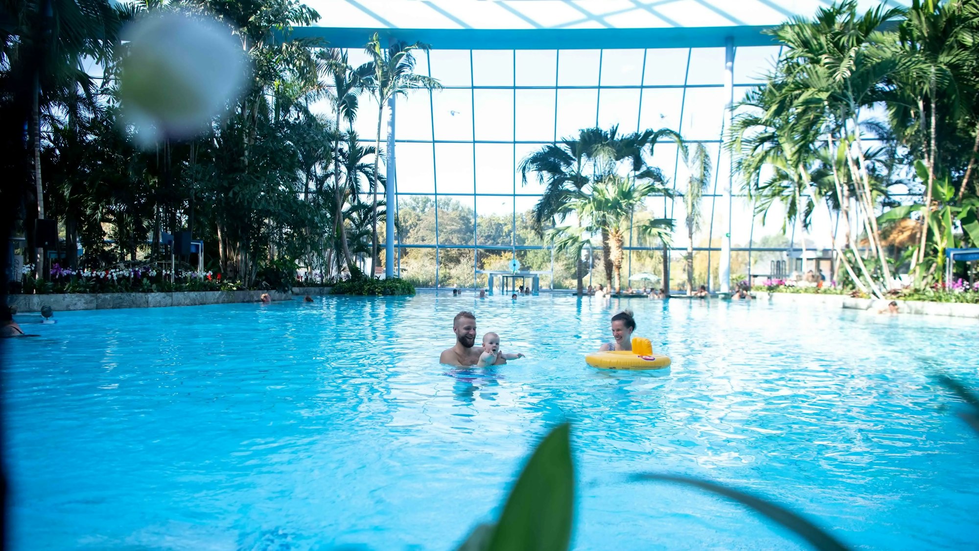 Zwei Erwachsene und ein Baby im Pool der Badewelt Therme Euskirchen.