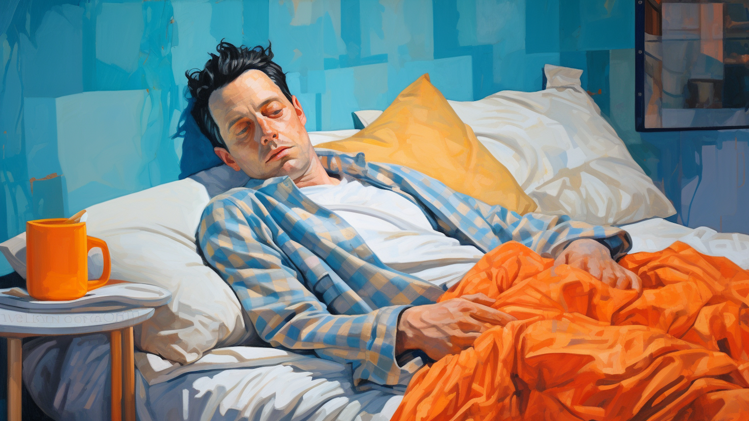 Illustration: ein Mann liegt krank im Bett.