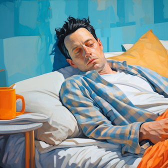 Illustration: ein Mann liegt krank im Bett.