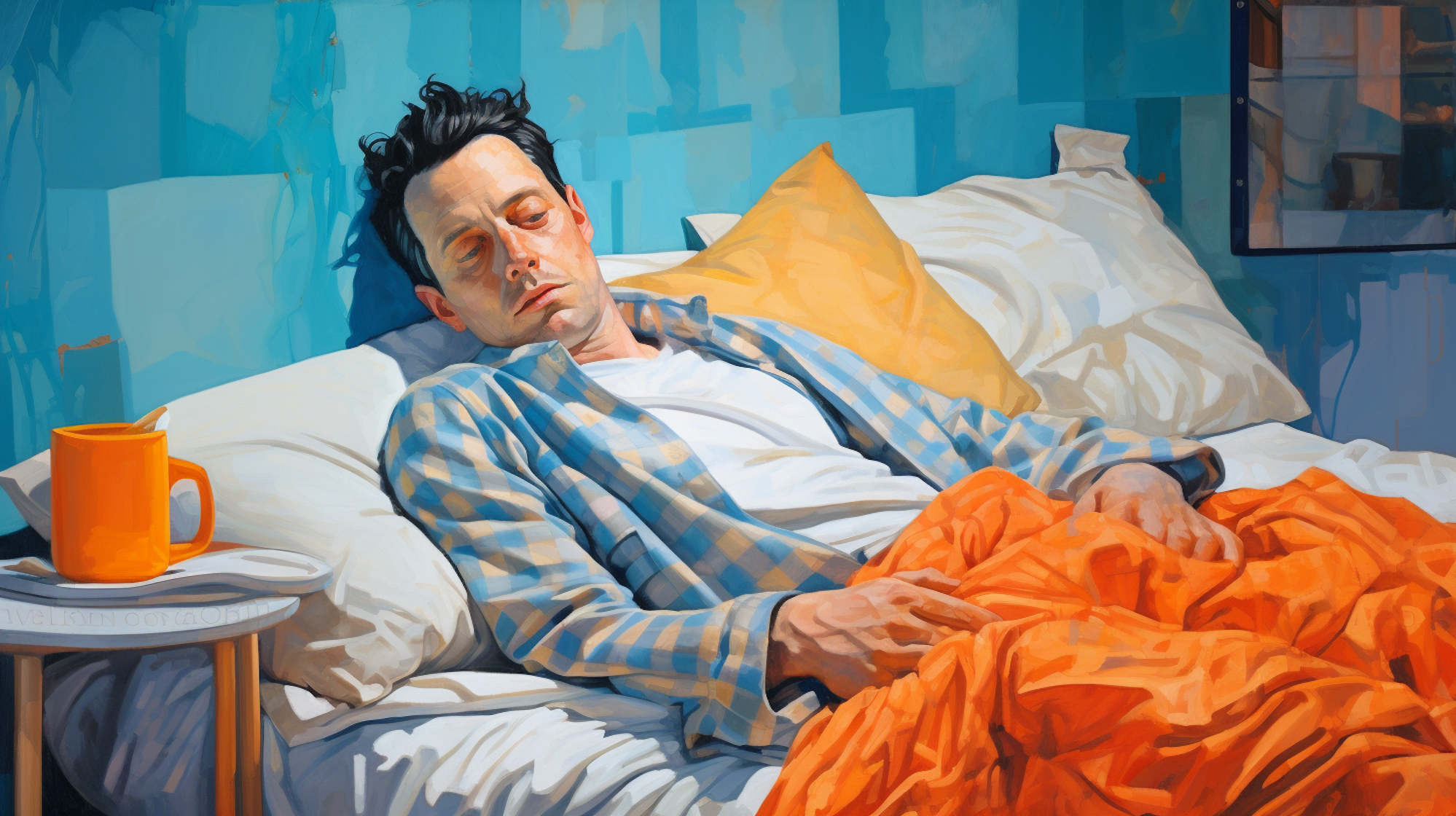 Illustration: ein Mann liegt krank im Bett.