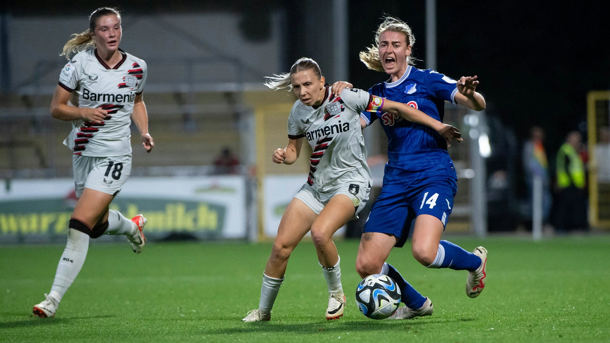 Elisa Senß Bayer 04 Leverkusen, 06 im Zweikampf mit Lisa Doorn TSG Hoffenheim, 14, GER, TSG 1899 Hoffenheim vs Bayer 04 Leverkusen, Fussball Google Pixel Frauen Bundesliga, 3. Spieltag, Saison 2023/2024, 09.10.2023 DFB regulations prohibit any use of photographs as image sequences and/or quasi-video GER, TSG 1899 Hoffenheim vs Bayer 04 Leverkusen, Fussball Google Pixel Frauen Bundesliga, 3. Spieltag, Saison 2023/2024, 09.10.2023 Hoffenheim *** Elisa Senß Bayer 04 Leverkusen, 06 in a duel with Lisa Doorn TSG Hoffenheim, 14 , GER, TSG 1899 Hoffenheim vs Bayer 04 Leverkusen, Football Google Pixel Womens Bundesliga, Matchday 3, Season 2023 2024, 09 10 2023 DFB regulations prohibit any use of photographs as image sequences and or quasi video GER, TSG 1899 Hoffenheim vs Bayer 04 Leverkusen, Football Google Pixel Womens Bundesliga, Matchday 3, Season 2023 2024, 09 10 2023 Hoffenheim Copyright: xEibner-Pressefoto/Memmlerx EP_MMR
