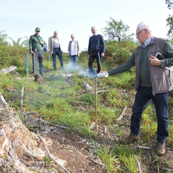 Josef Koll besprüht einen Holzstecken im Wald mit blauer Farbe.