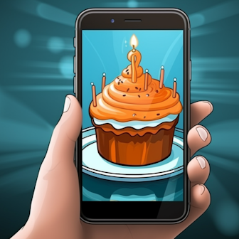 Illustration: Handy mit Geburtstagskuchen auf dem Schirm