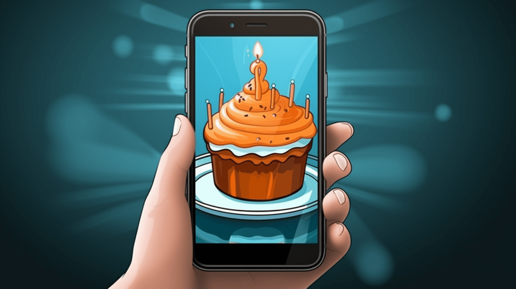 Illustration: Handy mit Geburtstagskuchen auf dem Schirm