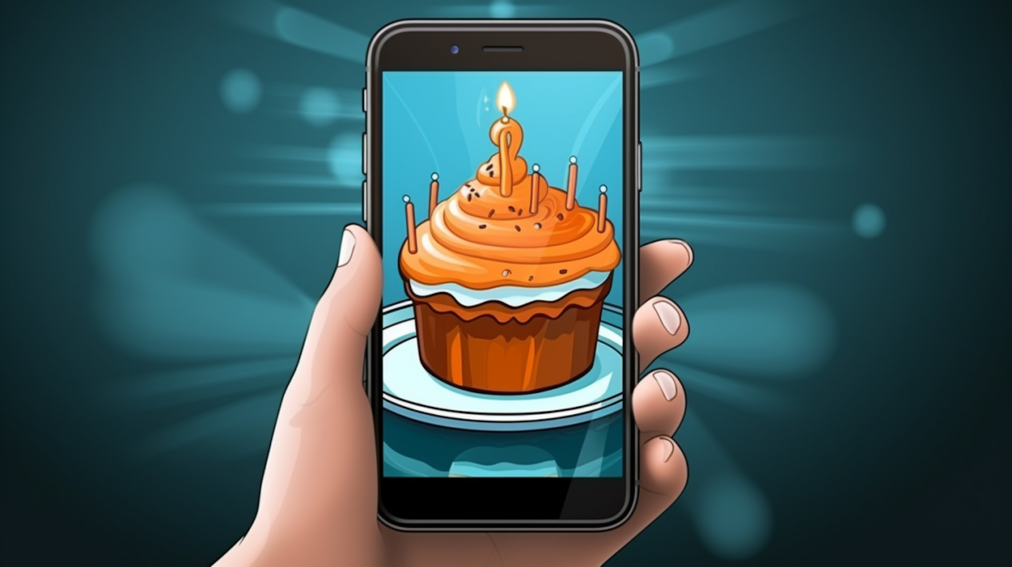 Illustration: Handy mit Geburtstagskuchen auf dem Schirm