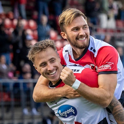 FC Viktoria Koeln - Erzgebirge Aue Tor durch Luca Marseiler FC Viktoria Koeln, Nr. 30 mit Valdrin Mustafa FC Viktoria Koeln, Nr. 11 FC Viktoria Koeln - Erzgebirge Aue, 11. Spieltag, am 14.10.2023 im Sportpark Hoehenberg in Koeln. DFL REGULATIONS PROHIBIT ANY USE OF PHOTOGRAPHS AS IMAGE SEQUENCES AND/OR QUASI-VIDEO. *** FC Viktoria Koeln Erzgebirge Aue Goal by Luca Marseiler FC Viktoria Koeln, Nr 30 with Valdrin Mustafa FC Viktoria Koeln, Nr 11 FC Viktoria Koeln Erzgebirge Aue, 11 Matchday, on 14 10 2023 at Sportpark Hoehenberg in Koeln DFL REGULATIONS PROHIBIT ANY USE OF PHOTOGRAPHS AS IMAGE SEQUENCES AND OR QUASI VIDEO Copyright: xBEAUTIFULxSPORTS/LeahxKohringx