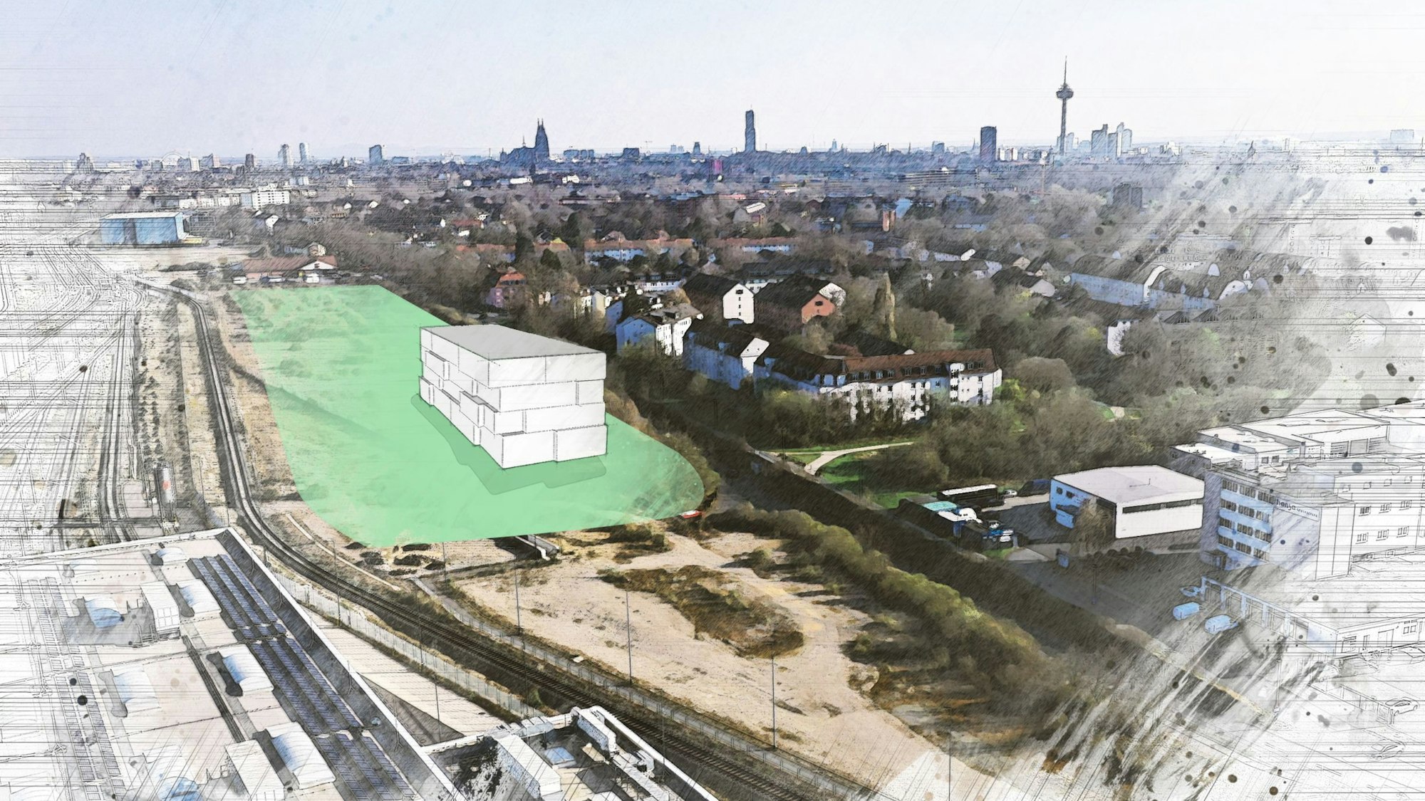 Die Skizze des Entwicklungsbüros zeigt das Baufeld (in Grün). Am vorderen Ende die Unterführung nach Mauenheim / Weidenpesch, hinten das Grundstück mit Discounter und Autowaschstand.