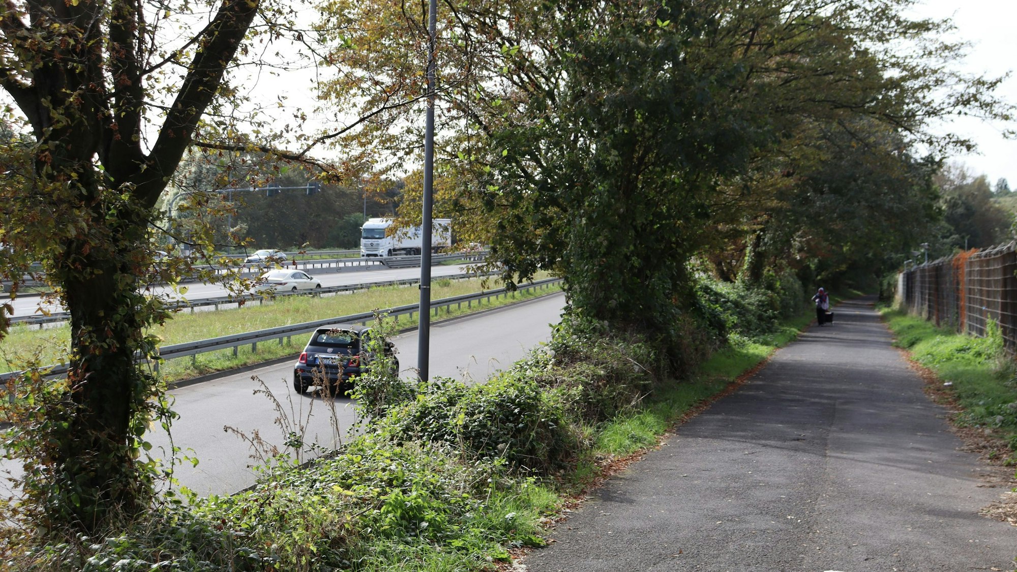 Ein Radweg liegt zwischen einer mehrspurigen Straße und einem umzäunten Gelände.