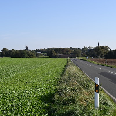 Rechts eine Landstraße, links daneben Ackerfläche.