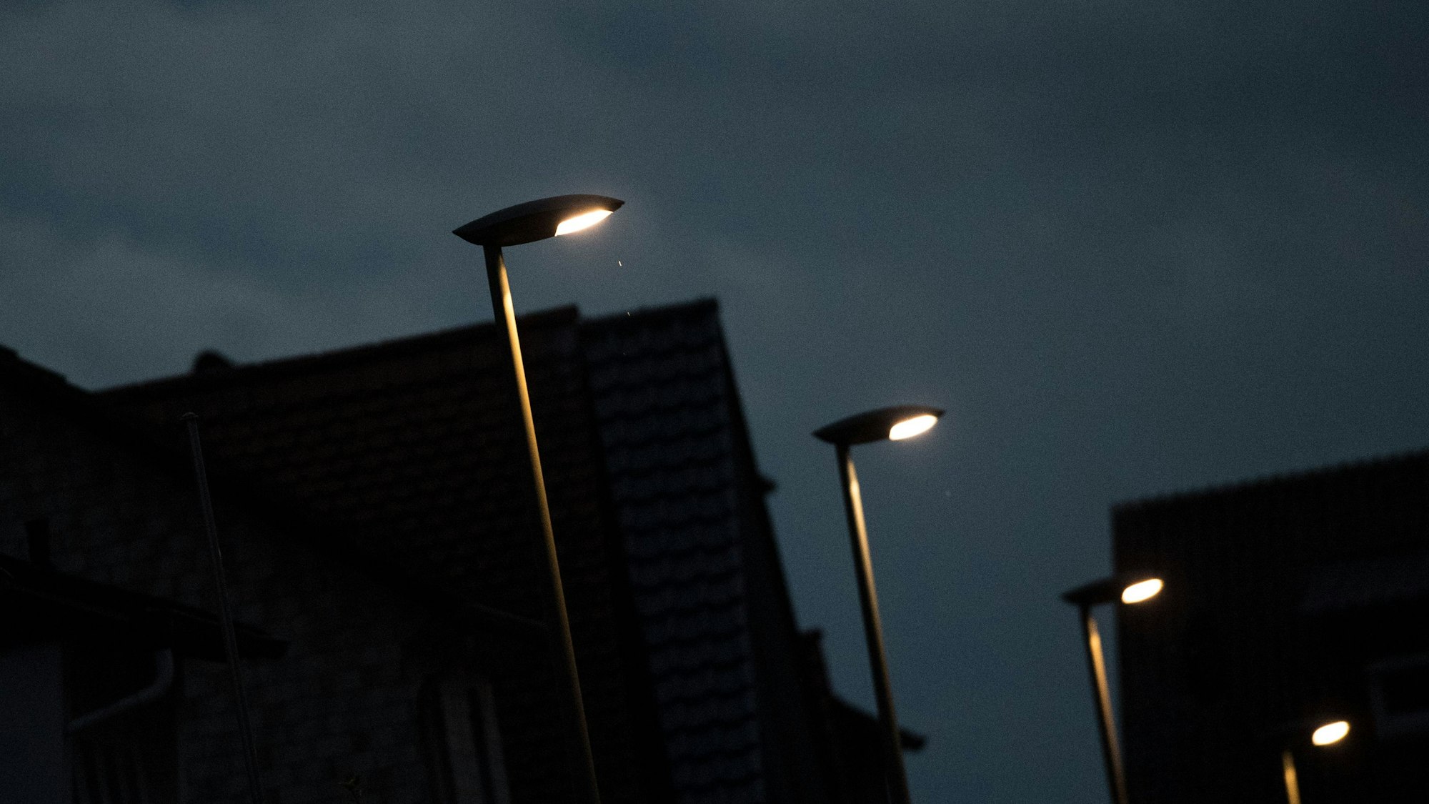 Mehrere LED-Straßenlampen leuchten vor dunklem Nachthimmel.