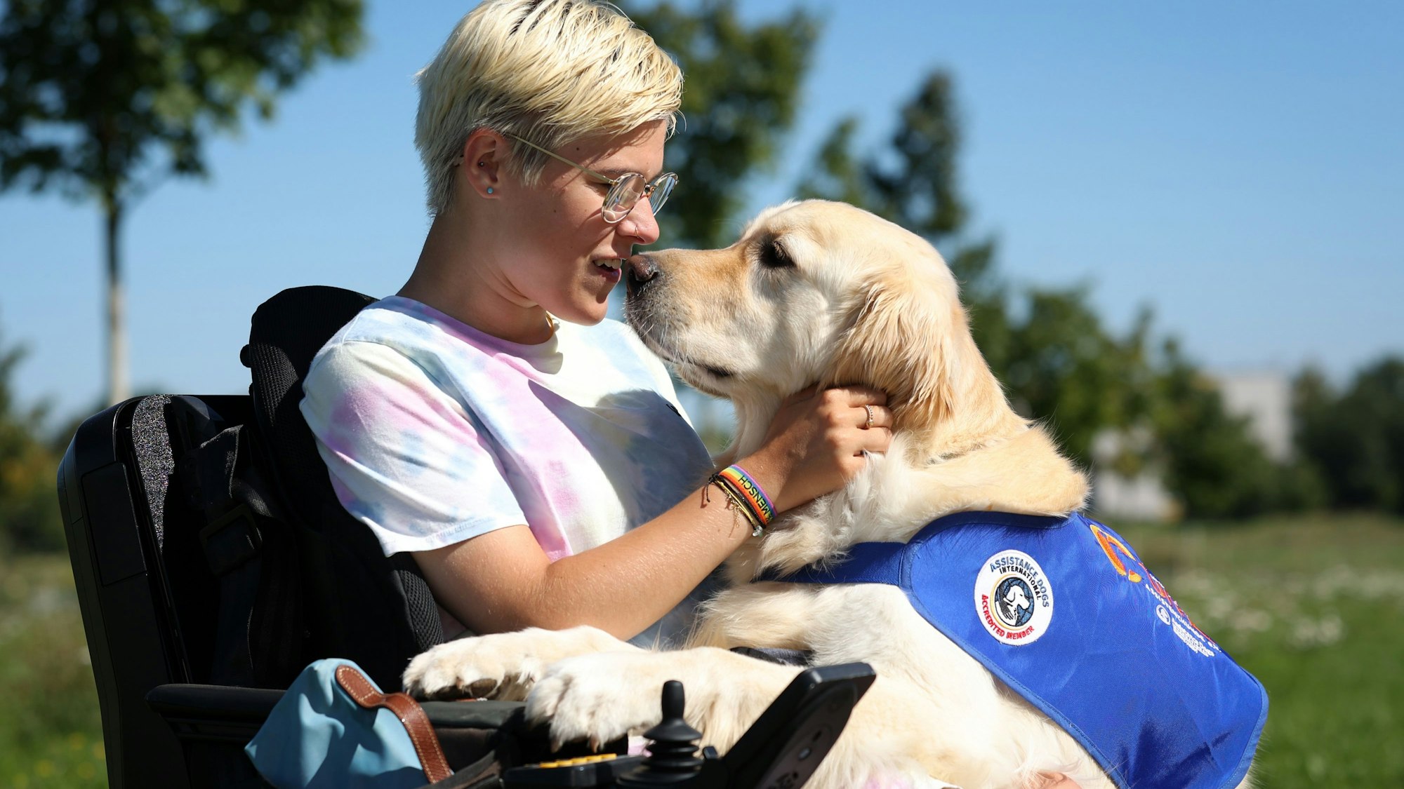 Assistenzhund Aidan springt auf Friedas Schoß.