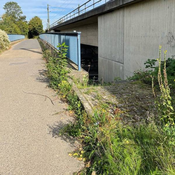 Das Bild zeigt einen Weg an der Autobahn, der zur Fahrbahn führt.
