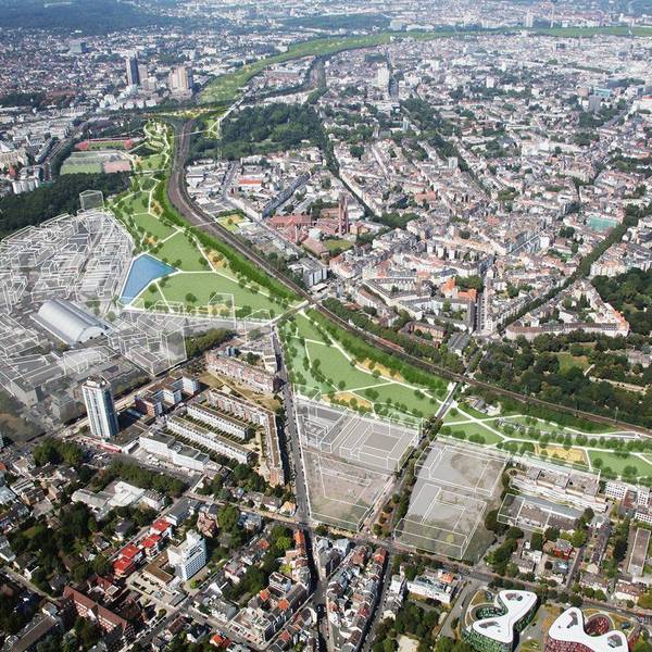 Ein grünes Band als Grüngürtelmodell erstreckt sich in einem Luftbilld mit Südstadt und Großmarkt.