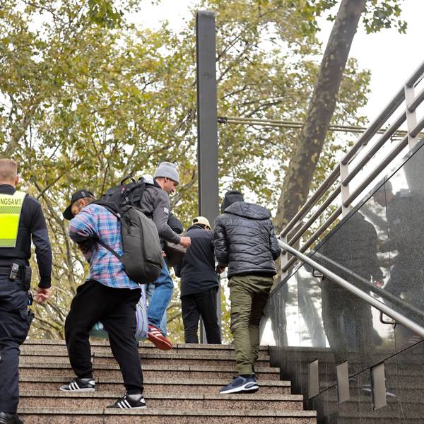 Das Bild zeigt einen Mitarbeiter der Stadt, der auf einer Treppe am Neumarkt Menschen kontrolliert.