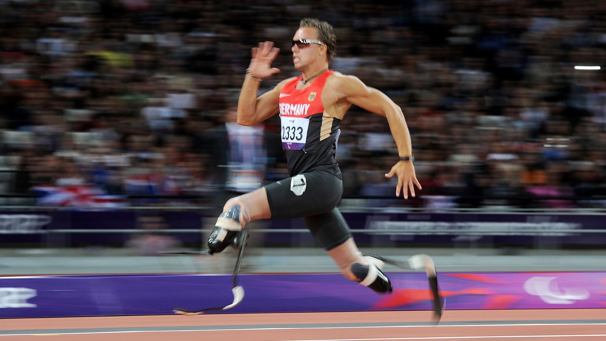 David Behre of Germany competes during the men's 200m - T44 round 1 at the Olympic Stadium during the London 2012 Paralympic Games.