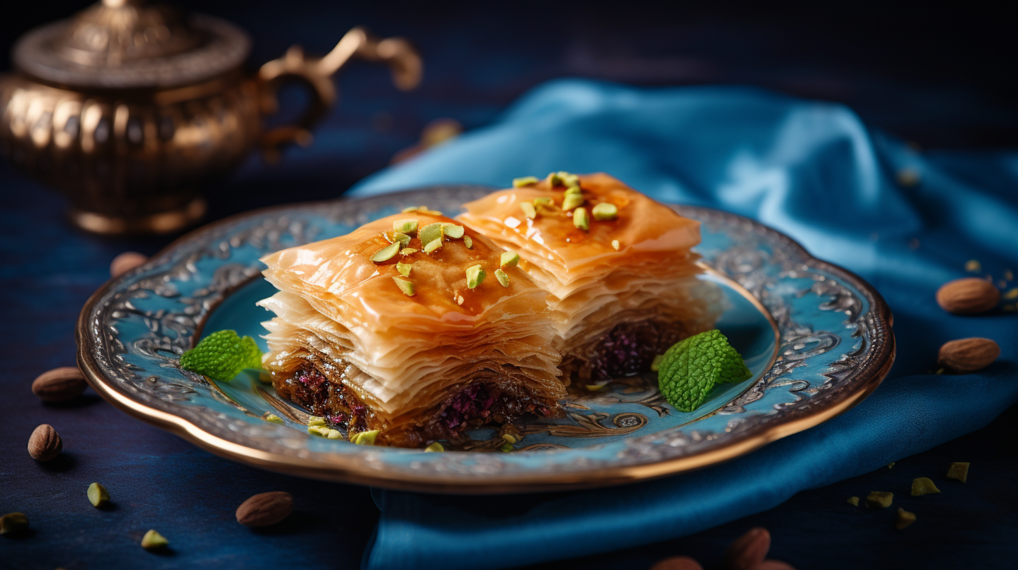 Illustration: Baklava, Mandeln und Pistazien auf einem verzierten Teller